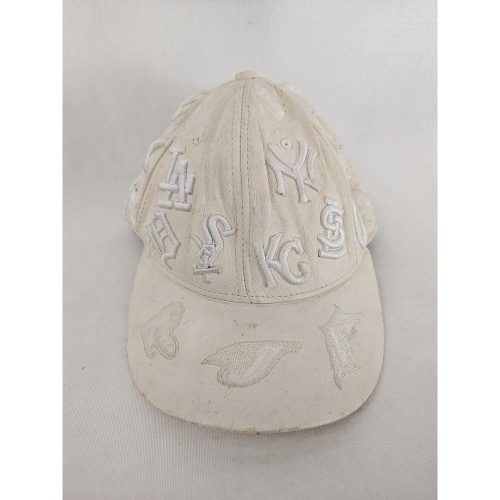 New Era 59fifty 100%‎ Wool MLB All Over Logos Cap Men's Sz 7 Distressed White